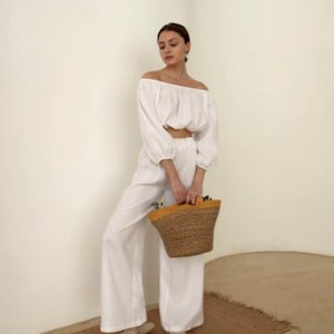 Two piece linen set, Two piece set women white, Linen set womens clothing, Linen suit women, Two piece set pants, Crop top and pant set