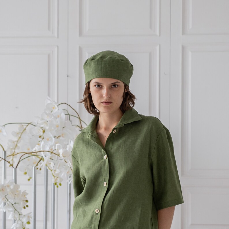 Groene baret, zomer linnen hoed, linnen baret, vintage baret, Franse baret, losse baret, dames baretten, vintage hoed voor vrouwen, kunstenaar hoed afbeelding 2