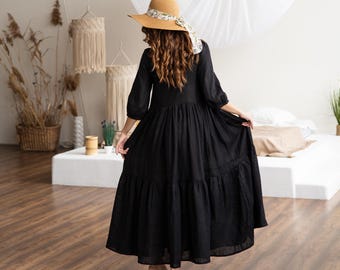 Abito lungo in lino a maniche lunghe, Abito casual in lino, Abito largo in lino, Abito quotidiano in lino, Abito lungo in lino da donna, Abito largo a maniche lunghe