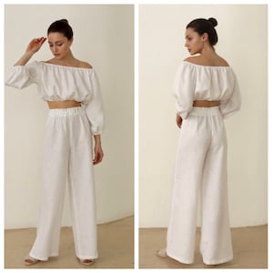 Linen two piece set, Two piece set women white, Linen set womens clothing, Linen suit women, Two piece set pants, Crop top and pant set