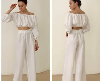 White linen pants women, White linen pants set, White linen pants suit, Linen crop top set, Linen pants and crop top, Linen set women