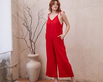 Linen jumper, Sleeveless romper, Red linen jumpsuit, Loose jumpsuit, Linen overalls women,Linen dungarees,Boho jumpsuit women,Baggy overalls