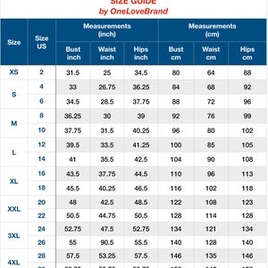 May include: Size chart for clothing with measurements in inches and centimetres. The chart shows sizes XS to 4XL with corresponding bust, waist, and hip measurements.