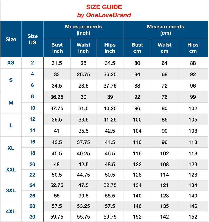 May include: Size chart for clothing with measurements in inches and centimetres. The chart shows sizes XS to 4XL with corresponding bust, waist, and hip measurements.