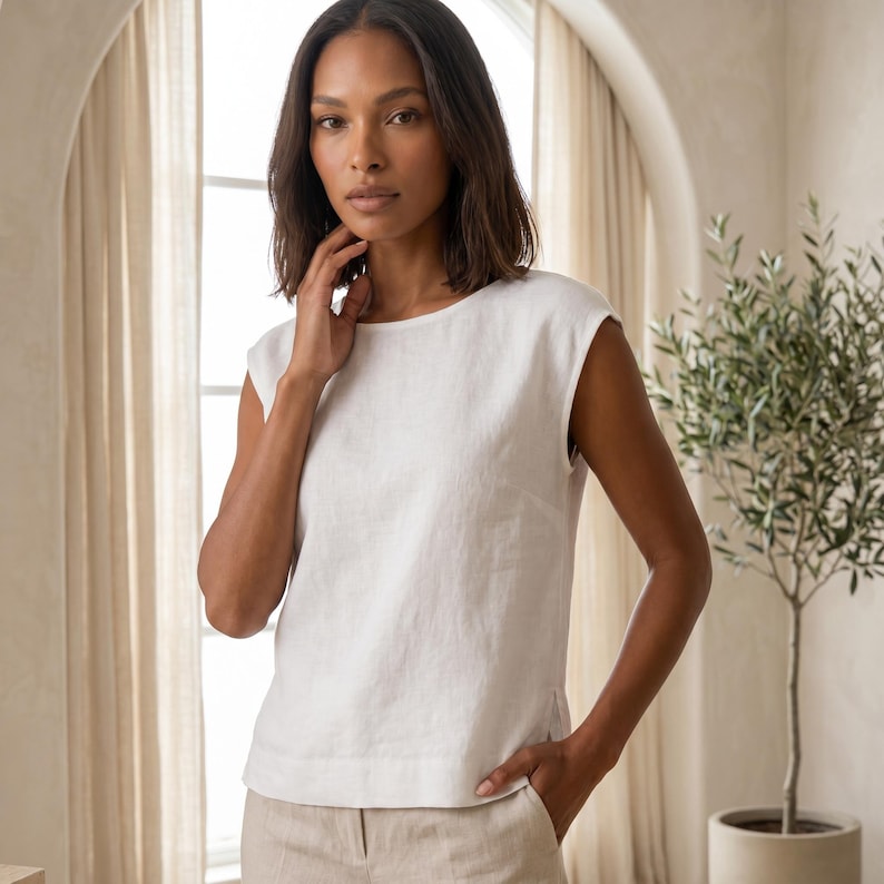 May include: A sleeveless white top with a round neckline and a straight hemline. The garment features a simple, clean design with a relaxed fit and small side slits at the bottom hem, crafted from a textured fabric with a visible weave pattern.