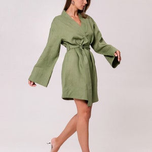 Linen robe for Women,Linen kimono for Women,Linen Organic robe,Linen Wrap Bath robe,Linen Green kimono Robe,Linen Womens Belted kimono image 3