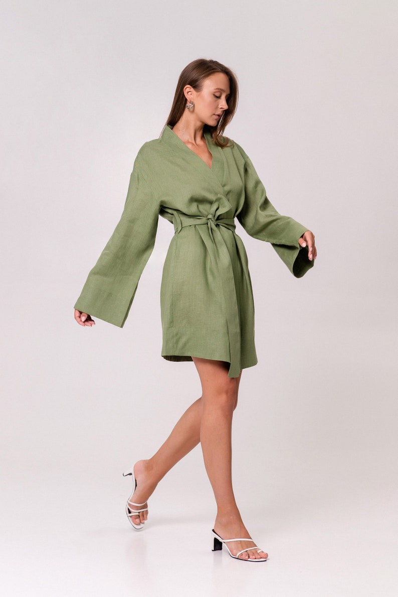 Linen robe for Women,Linen kimono for Women,Linen Organic robe,Linen Wrap Bath robe,Linen Green kimono Robe,Linen Womens Belted kimono image 3