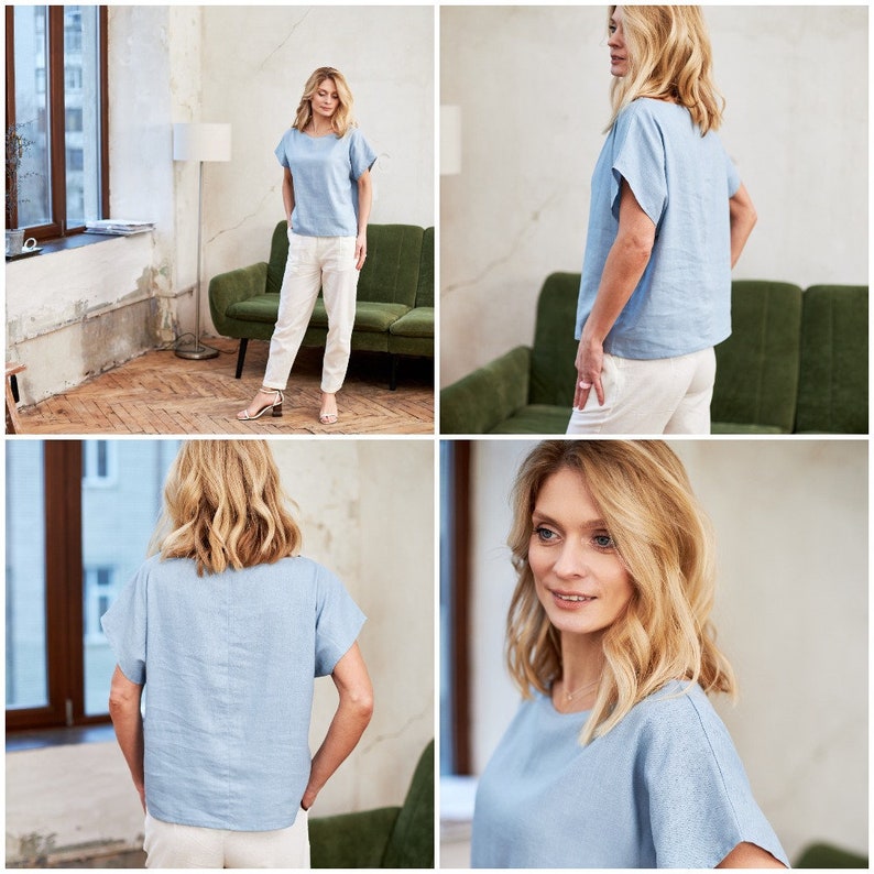 Casual linen top, Linen short sleeve top, Linen blouse, Linen shirt women, Pure linen shirt, Blue linen shirt, Blue linen blouse image 6