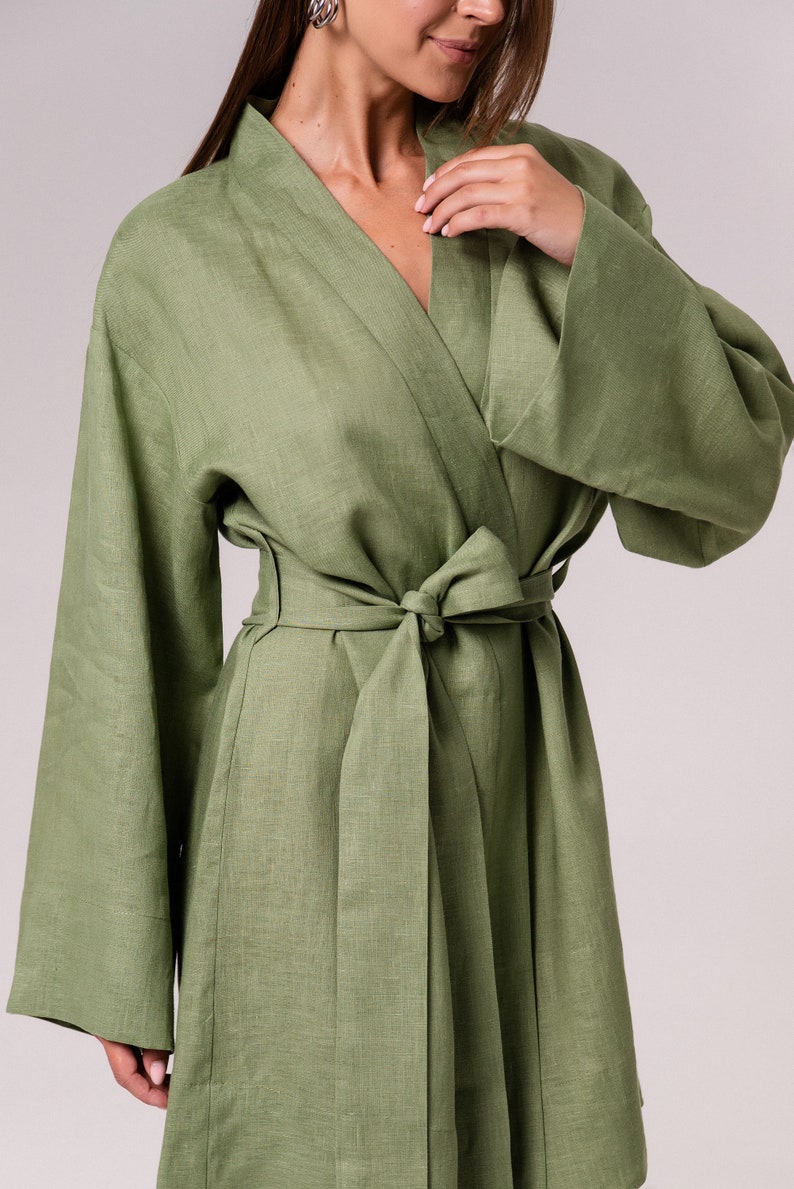 Linen robe for Women,Linen kimono for Women,Linen Organic robe,Linen Wrap Bath robe,Linen Green kimono Robe,Linen Womens Belted kimono image 5