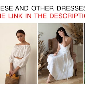 May include: Four women wearing different white linen dresses. The text "BUY THESE AND OTHER DRESSES FROM THE LINK IN THE DESCRIPTION" is at the top of the image.