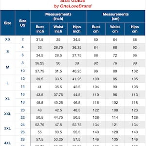 May include: Size chart for clothing with measurements in inches and centimeters. The chart shows sizes XS to 4XL with corresponding bust, waist, and hip measurements.
