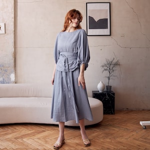 Linen skirt set, Two piece skirt and top, Skirt and top set, Linen skirt suit, Linen dress long sleeve, Midi linen dress