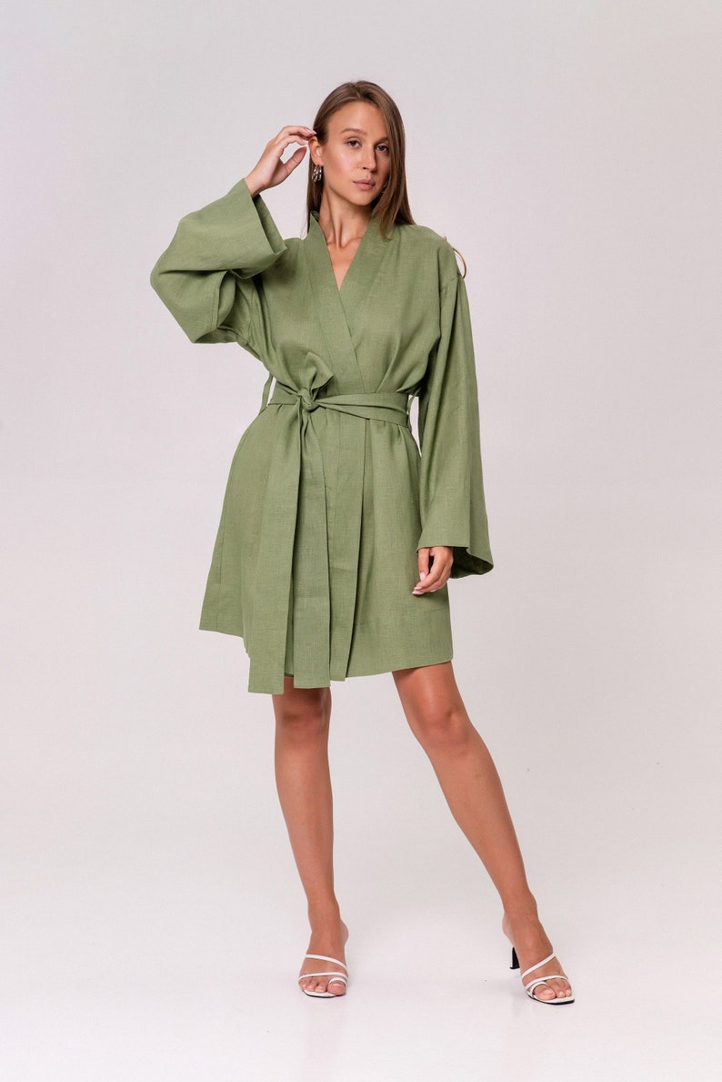 Linen robe for Women,Linen kimono for Women,Linen Organic robe,Linen Wrap Bath robe,Linen Green kimono Robe,Linen Womens Belted kimono image 1
