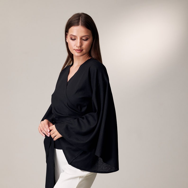 Kimono wrap top, Long sleeve linen top, Wide sleeve blouse, Linen kimono shirt, Kimono blouse, Linen long sleeve shirt,Linen blouses women image 3