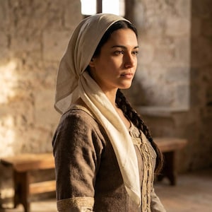 May include: A woman wearing a light brown medieval-style dress and a cream-colored head covering. Her dark hair is braided. The scene is set in a stone building with a wooden bench in the background.