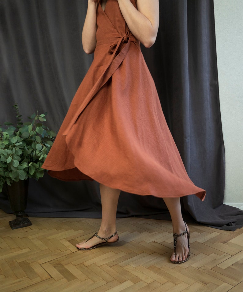 Brown asymmetric linen dress, Short sleeve plus size wrap dress for women, Casual summer linen outfit, Minimalist everyday dress image 5