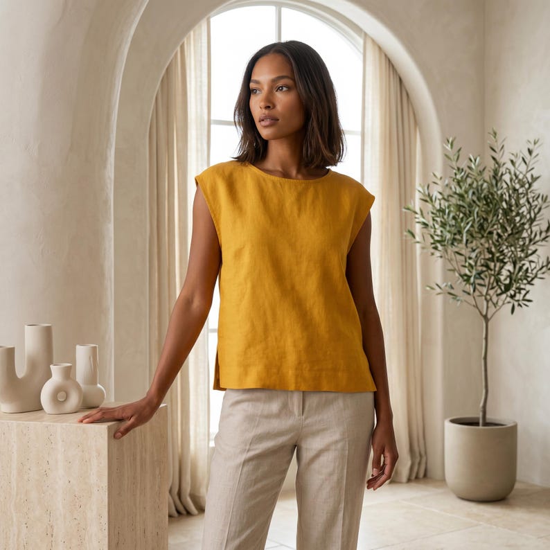 May include: A mustard yellow sleeveless top with a round neckline and a straight hemline featuring side slits, paired with light beige trousers. The top has a textured fabric appearance and a relaxed fit, while the trousers feature a tailored cut.