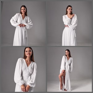 White linen dress long sleeve, Linen maxi dress for women, Linen dress with belt, Long sleeve summer dress, Boho white dress image 3