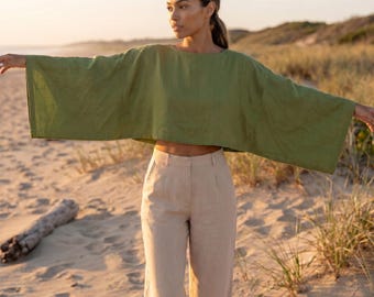 100% Linen crop top Women, Linen Crop Blouse, Green Linen Crop Top,Long Sleeve Linen Top, Custom Size Linen Top,Linen Summer Blouse,Boho Top