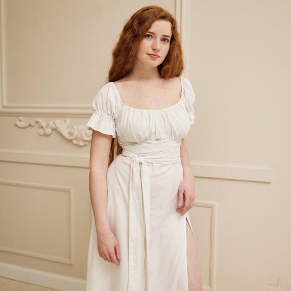 Linen dress off the shoulder, Short sleeve linen dress, White linen dress women, Vintage linen dress,Linen summer dress,Long dress for women