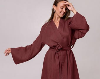 Linen Kimono Robe, Linen Short Robe Women, Linen Bathrobe Women, Linen Spa Robe, Lightweight Linen Robe, Natural Linen Robe, Linen red robe