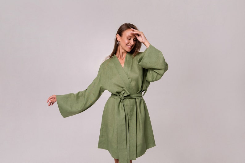 Linen robe for Women,Linen kimono for Women,Linen Organic robe,Linen Wrap Bath robe,Linen Green kimono Robe,Linen Womens Belted kimono image 2