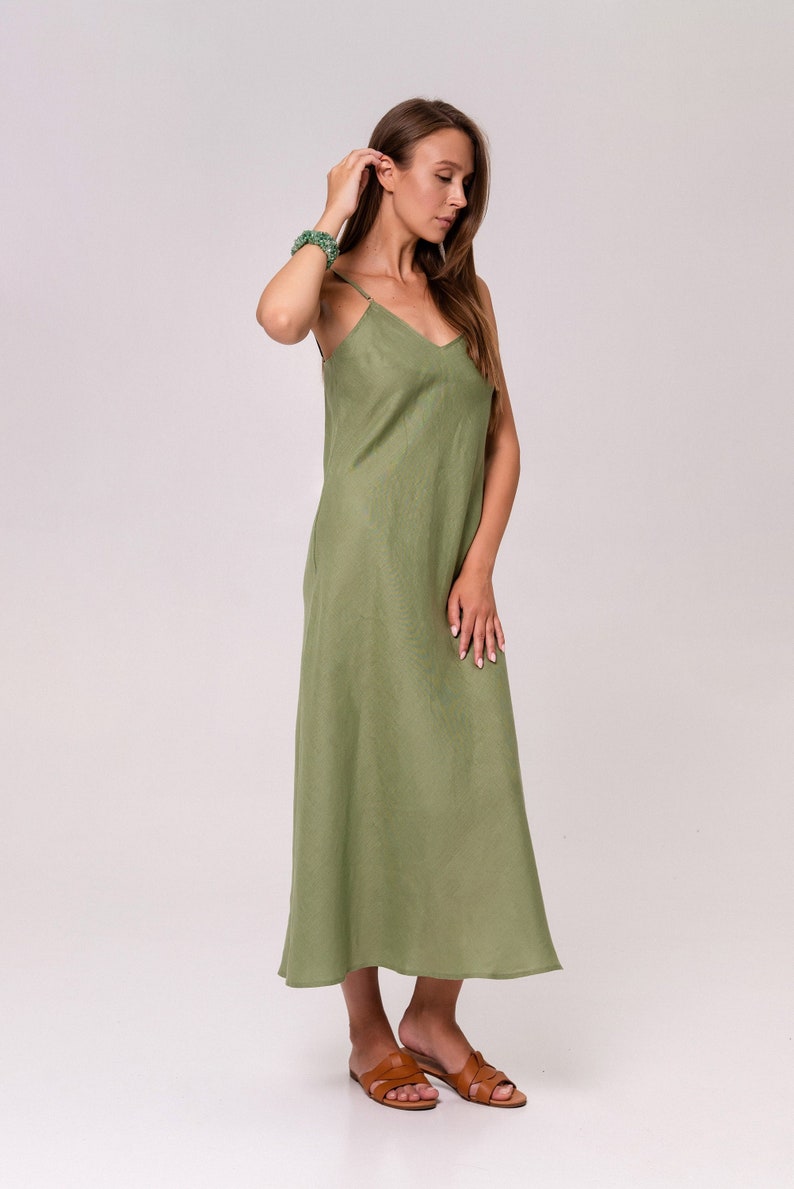 Linen sleeveless maxi dress, Simple linen dress, Spaghetti strap linen dress, Linen nightgown slip, Linen underdress, Green linen dress image 2