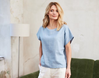 Ice Blue Linen Top CARLA, Linen Blouse for Women, Sleeveless Linen