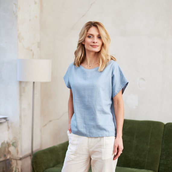 Casual linen top, Linen short sleeve top, Linen blouse, Linen shirt women,  Pure linen shirt, Blue linen shirt, Blue linen blouse