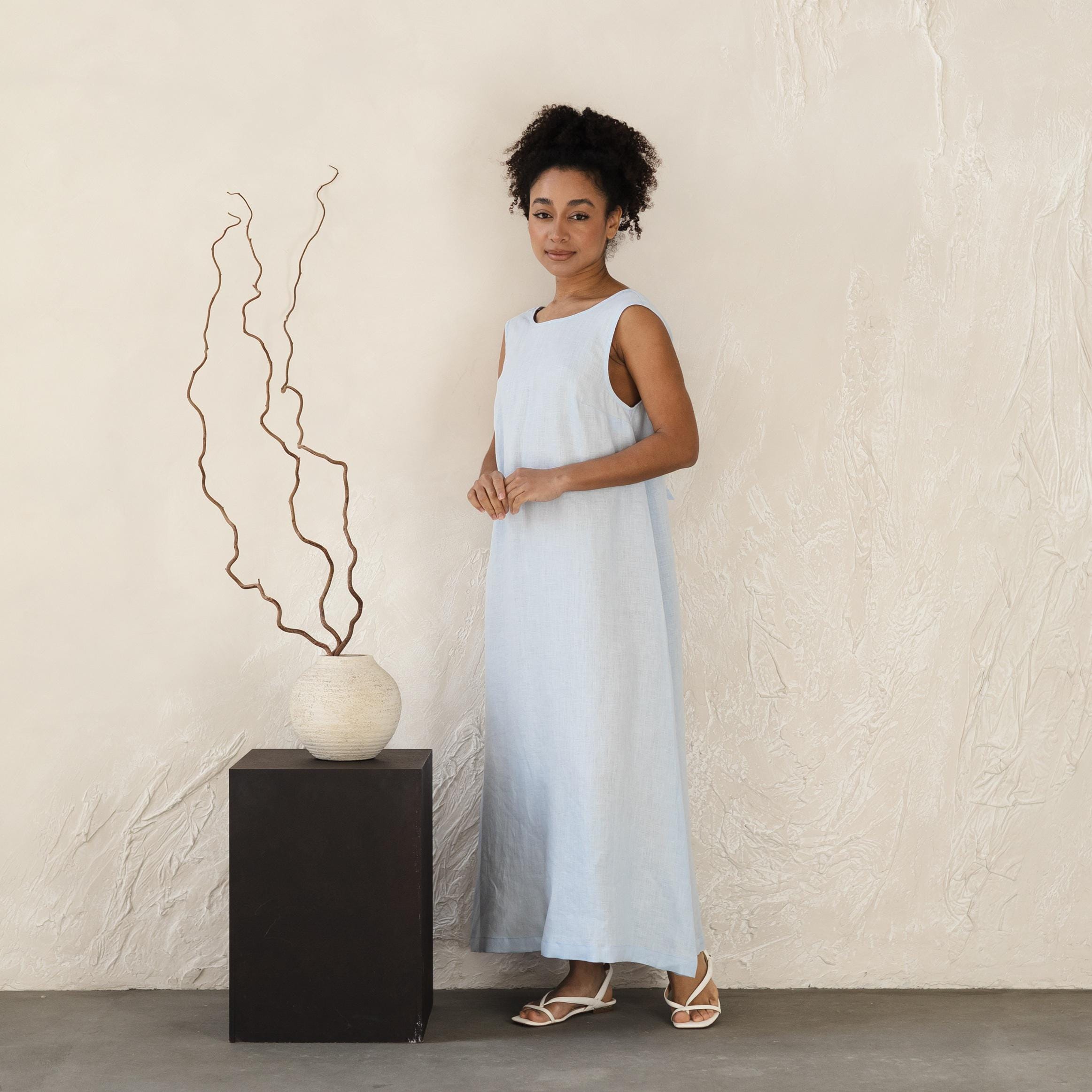 Linen dress tie in back, Natural linen dress, Linen sundress women, V back dress,Summer linen dress,Long linen dress,Linen dresses plus size