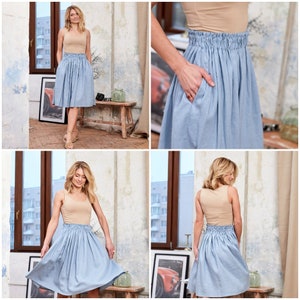 Linen skirt midi with elastic waist, Linen summer skirt, Linen skirt with pockets, Linen skirt navy blue, Comfortable linen skirt image 3