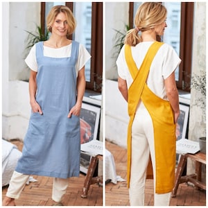 Linen apron in Japanese style, Pinafore linen apron, Linen apron cross back with pockets, No ties linen apron,Full linen apron,Kitchen apron