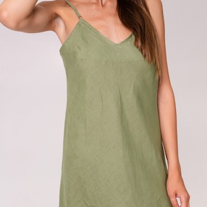 Linen sleeveless maxi dress, Simple linen dress, Spaghetti strap linen dress, Linen nightgown slip, Linen underdress, Green linen dress image 7