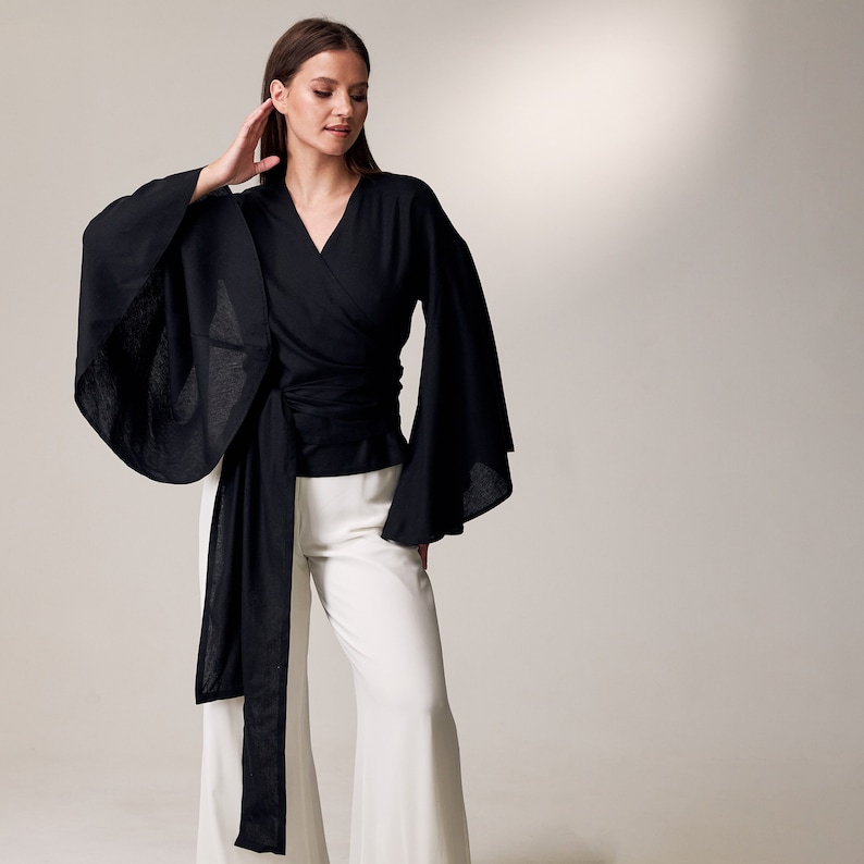 Kimono wrap top, Long sleeve linen top, Wide sleeve blouse, Linen kimono shirt, Kimono blouse, Linen long sleeve shirt,Linen blouses women image 1