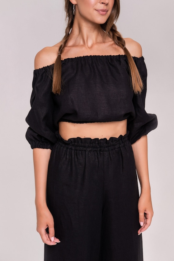 two piece linen like tops ブラック Black Linen Womens Two Piece Set,linen Womens Loungewear,linen