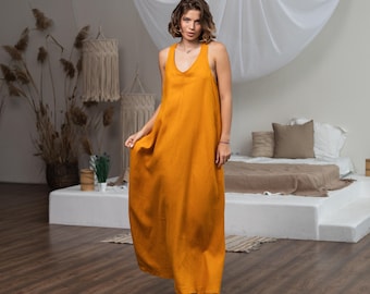 Vestido de lino sin mangas, Vestido de lino amarillo, Vestido largo de lino, Vestido de lino para mujer, Vestido de lino sencillo, Vestido de lino holgado, Vestido de lino de tirantes
