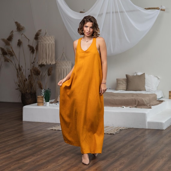 mustard yellow linen dress Yellow linen dress 14 size Maxi lenght / Fast sewing option 1-3 days and Fast delivery 3-9 days