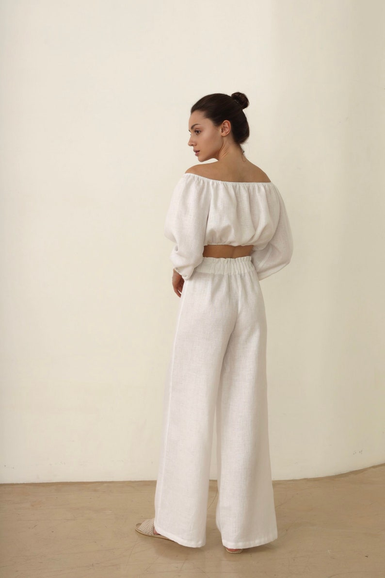 White Linen Pants and Crop Top Set, Pure White Linen Lounge Wear, Beach, House Pajama, Linen Pants and Blouse Set, Summer Set image 7