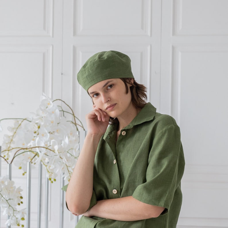 Groene baret, zomer linnen hoed, linnen baret, vintage baret, Franse baret, losse baret, dames baretten, vintage hoed voor vrouwen, kunstenaar hoed afbeelding 3