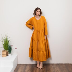 Linen tunic dress, Loose linen dress, Linen kaftan dress, Linen long sleeve dress, Linen dress for women, Organic dress, Linen dress yellow