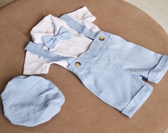 Boys linen sets, Boys linen shirt with buttons, Boys linen suit, Linen bow tie, Linen hat baby, Pageboy outfit, Baptism boy outfit