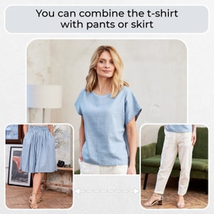 May include: A light blue linen t-shirt with short sleeves and a scoop neck. The t-shirt can be styled with either a light blue skirt or white pants. "You can combine the t-shirt with pants or skirt" is written at the top of the image.