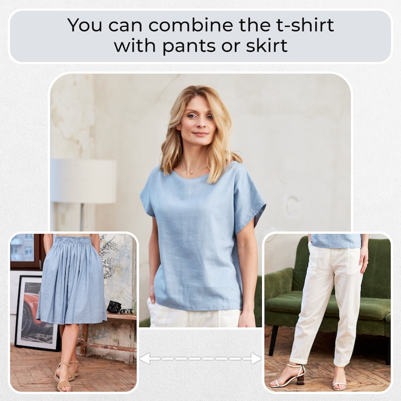 May include: A light blue linen t-shirt with short sleeves and a scoop neck. The t-shirt can be styled with either a light blue skirt or white pants. "You can combine the t-shirt with pants or skirt" is written at the top of the image.