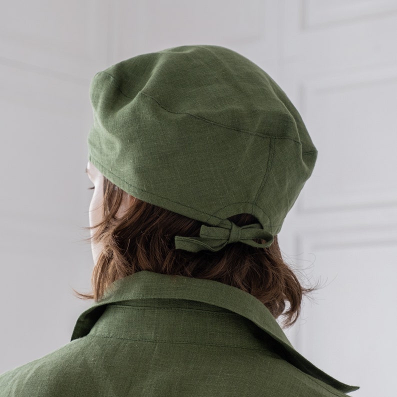 Groene baret, zomer linnen hoed, linnen baret, vintage baret, Franse baret, losse baret, dames baretten, vintage hoed voor vrouwen, kunstenaar hoed afbeelding 9