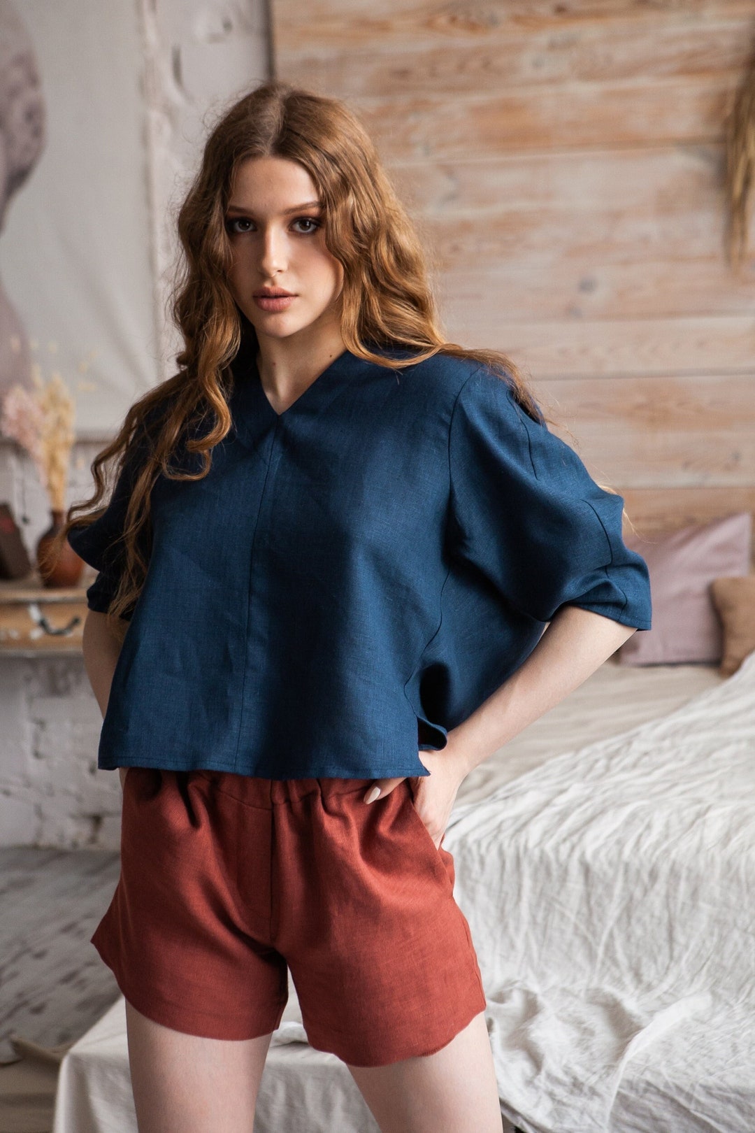 Linen Two Piece Set,linen Top and Shorts Womens Lounge Set,linen Pajama Set,linen