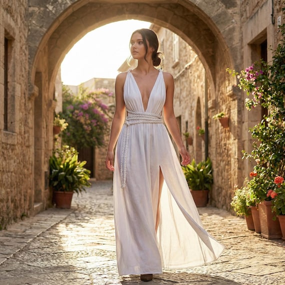 white maxi bridesmaid dresses Goddess Linen Dress, Linen Dress, Boho Linen Maxi Dress, Greek Goddess Dress, Linen Summer Maxi Dress, Linen Beach Wedding Dress Lightweight woven chiffon shapes
