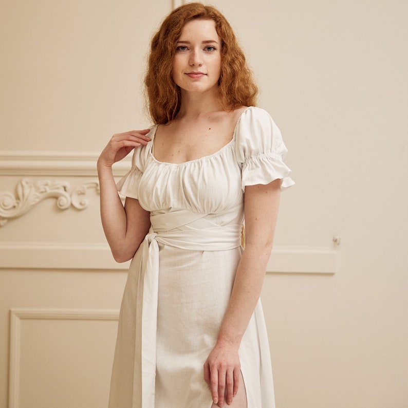 Linen dress short sleeve, Linen dress boho, Puffed sleeve dress, White linen maxi dress, Linen dress with belt, Linen wedding dress image 8