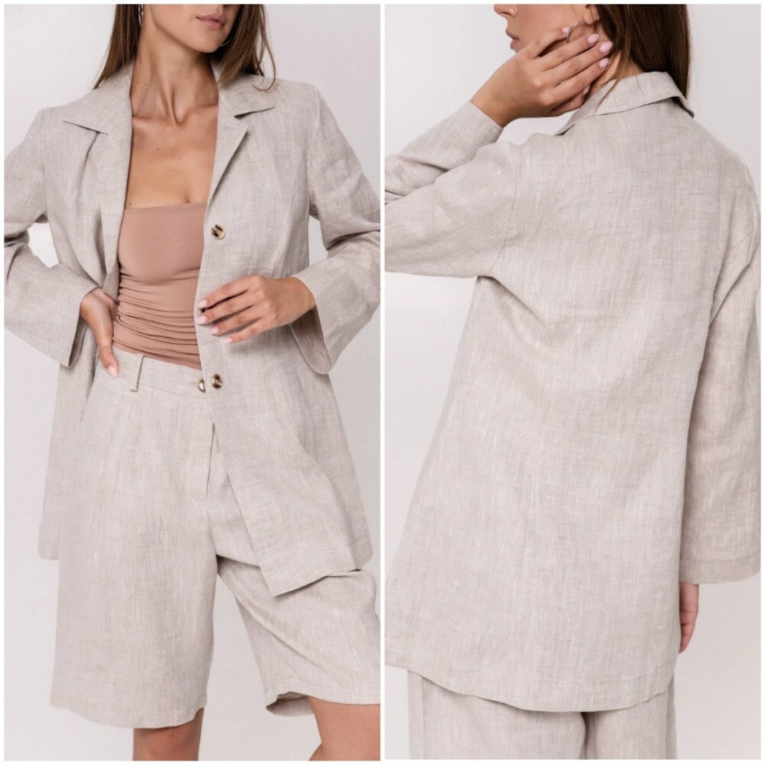 Linen Suit Women, Linen Shorts Suit, Linen Jacket and High Waisted Shorts, Linen Suit Two Piece