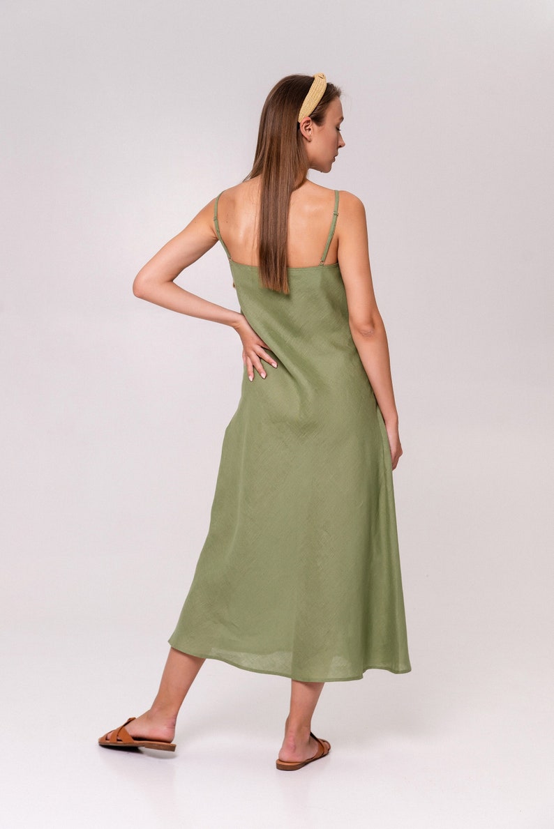 Linen sleeveless maxi dress, Simple linen dress, Spaghetti strap linen dress, Linen nightgown slip, Linen underdress, Green linen dress image 1