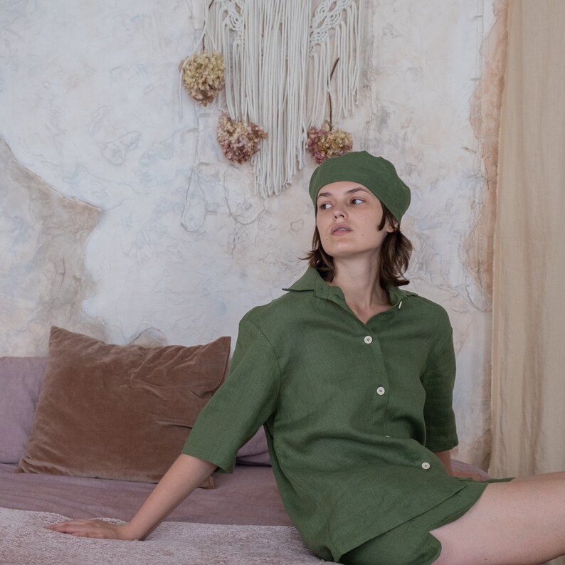 Green beret, Summer linen hat, Linen beret, Vintage beret, French beret, Loose beret, Ladies berets, Vintage hat for women, Artist hat image 6